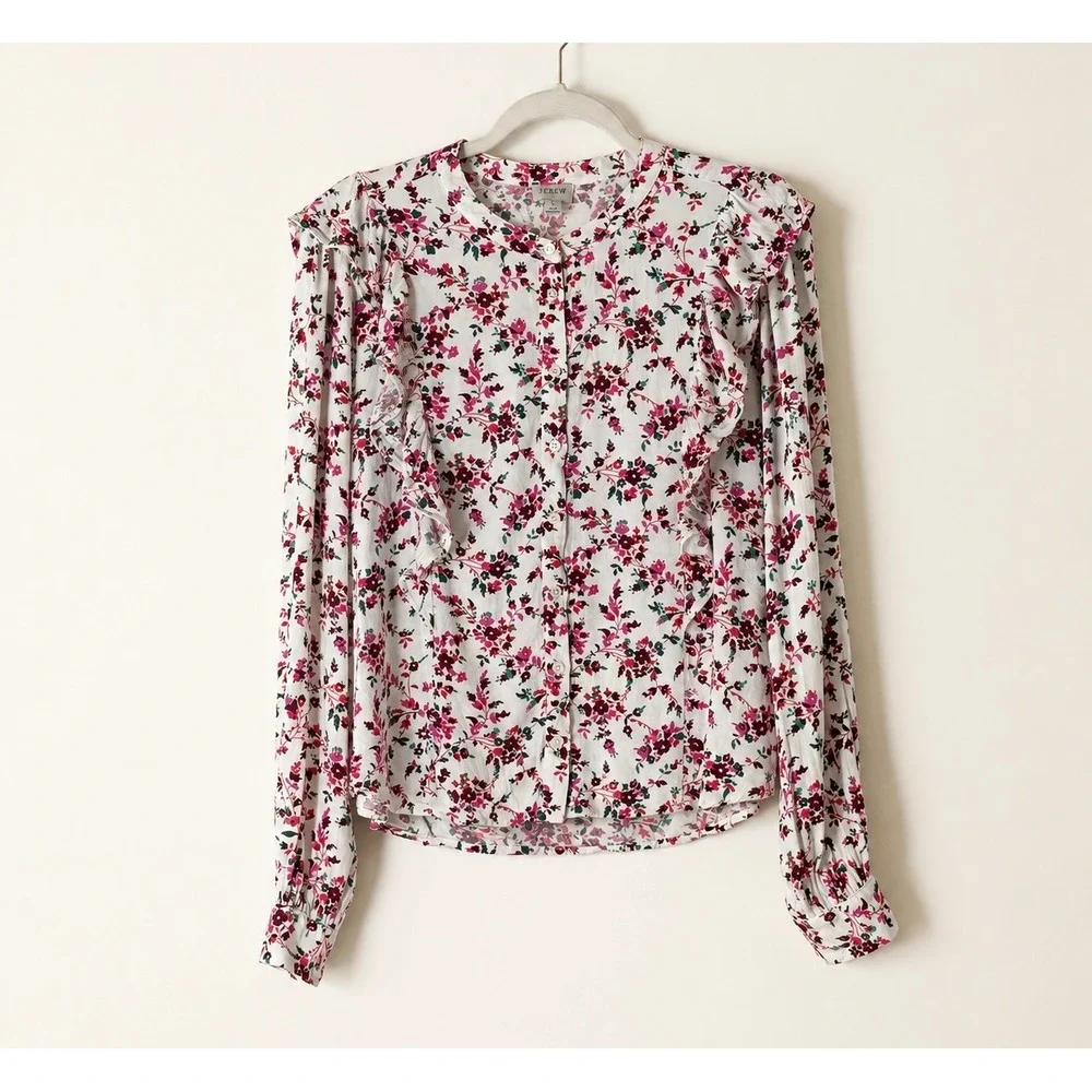 J.Crew Floral Ruffle White Pink Long Sleeve Button Front Blouse L